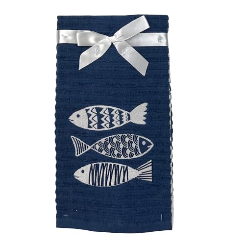Coastal Kitchen Towels- Set of 3 Navy Blue 100% Cotton Embroidered Fish Design - 16 x 26 Multipurpose Towels for Everyday Use - color: Fish Trio