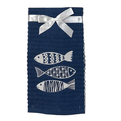 Coastal Kitchen Towels- Set of 3 Navy Blue 100% Cotton Embroidered Fish Design - 16 x 26 Multipurpose Towels for Everyday Use - color: Fish Trio