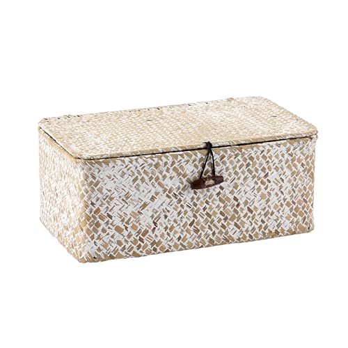 Hipiwe Wicker Shelf Baskets with Lid, X-Small Woven Seagrass Basket Bin | Rectangular Storage Baskets Household Basket Boxes for Shelf Home Organizer and Decor, Whitewash - color: Whitewash, size: X-Small