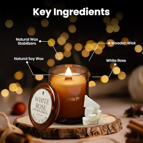Long-Lasting White Rose Soy Wax Candle | Scented Candles for Home Decoration | 60+ Hour Burn Time Hand-Poured in Glass Jar | Classic, Delicate, and Clean Floral Fragrance