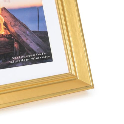 5x7 Picture Frame Gold, Display 5x7 without Mat or 4x6 with Mat, Wall Gallery Photo Frames - color: Gold Wood, size: 5x7 inches