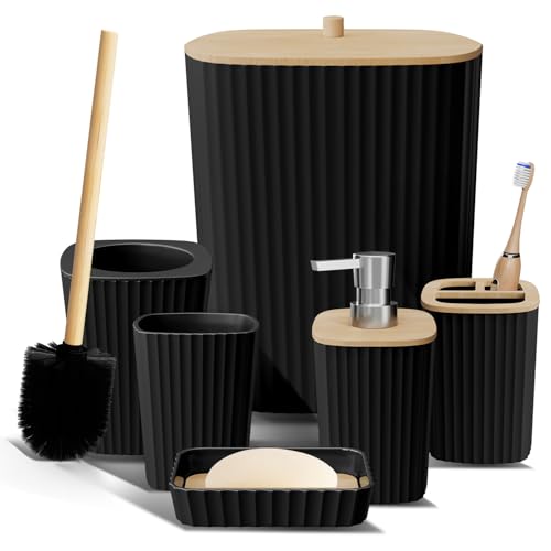 Clara Clark Bathroom Set - Black Bathroom Accessories Set, 6PC Bathroom Accessory Set, Bathroom Sets with Toilet Brush, Trash Can & Soap Dispenser - color: Black, size: Complete Set