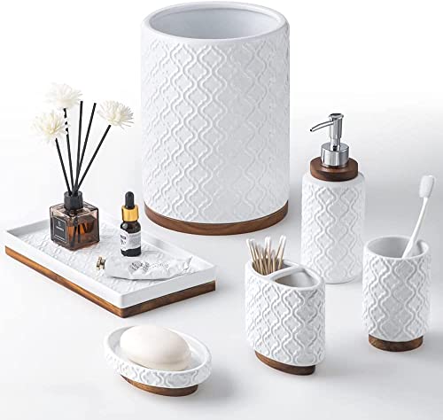 RQYIXI Ceramic 6-Piece Bathroom Accessories Set,White,with Trash Can | ceramic and wood embossed design with Trash Can modern countertop organization - color: White, size: Embossed Textured-6-Piece