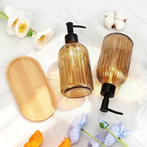 Glass Soap Dispenser Set with Wood Tray, Glass Soap Dispenser with Plastic Pump, Hand and Dish Set for Bathroom Decor (Amber)
