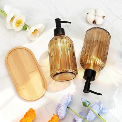 Glass Soap Dispenser Set with Wood Tray, Glass Soap Dispenser with Plastic Pump, Hand and Dish Set for Bathroom Decor (Amber)
