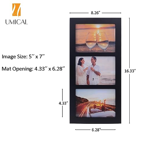 5x7 3-Opening Collage Picture Frame Black Wood | Shatter-resistant glass, tabletop stand & wall mounting, for 5x7 inch pictures - size: 5x7 - 3 Opening
