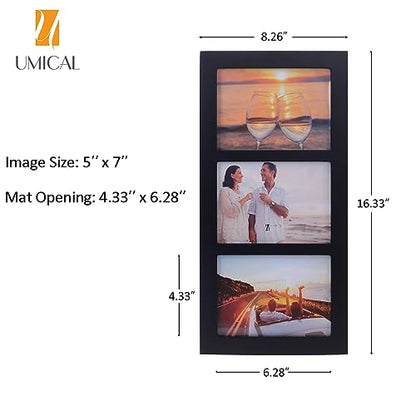 5x7 3-Opening Collage Picture Frame Black Wood | Shatter-resistant glass, tabletop stand & wall mounting, for 5x7 inch pictures - size: 5x7 - 3 Opening
