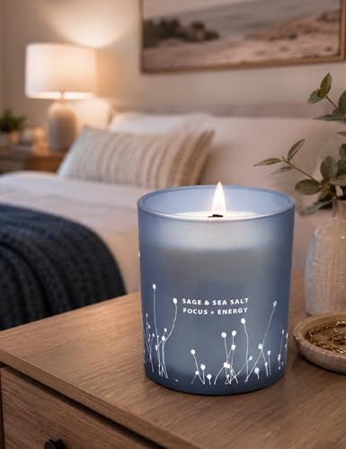 Sage & Sea Salt Wood Wick Soy Scented Aromatherapy Candle for Home, Office | Sage Candles for Cleansing House, Focus & Relaxation | Home Spa, Clean Burn, 10.6 oz, Decorative Blue Jar Candle, Women & Men