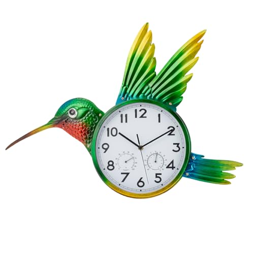Large Outdoor Clock with Thermometer & Humidity | Silent Non-Ticking, Hummingbird Outdoor Wall Clock for Patio, Garden, Kitchen, Living Room, Green - style: Hummingbird-Green
