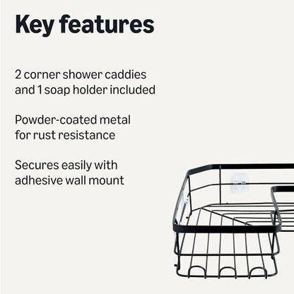 Amazon Basics Corner Shower Caddy Organizer with Soap Holder, Adhesive Wall Mount, Rust Resistant Powder-Coated Stainless Steel, Black, Set of 3 - size: Set of 3