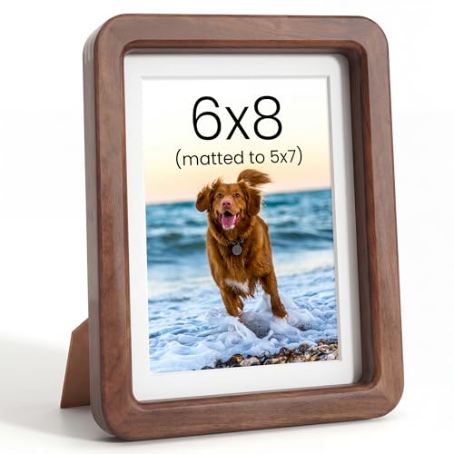Acovy 6x8in Picture Frame, Natural Solid Walnut | Handcrafted Wooden, Dual Use Tabletop & Wall Mount, Matted to Fit 5"x7" Photos, HD Tempered Glass - color: Walnut, size: 6x8in