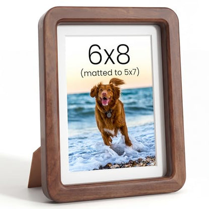 Acovy 6x8in Picture Frame, Natural Solid Walnut | Handcrafted Wooden, Dual Use Tabletop & Wall Mount, Matted to Fit 5"x7" Photos, HD Tempered Glass - color: Walnut, size: 6x8in