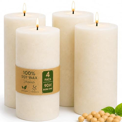 White Rustic Pillar Candles,Non-Toxic Soy Wax Candle, 2.8x6 Inch, 4 Pack | 360H long clean burning, natural, unscented smokeless, dripless farmhouse candle for home, wedding, dinner table, emergency - color: White, size: 2.8x6 inch