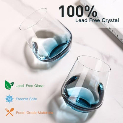 JOVGANK Blue Stemless Wine Glasses Set of 6 - Hand Blown White Red Stemless Wine Glass - 17 oz, [Lead-Free Crystal Glass] Large Short Glass Tumblers, Housewarming Gifts and Mother's Day Gift - color: Blue
