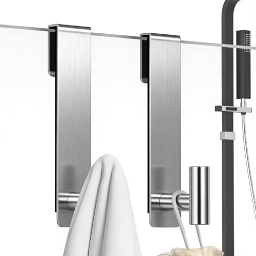 PMMASTO Shower Door Hooks, (7.5 Inch) Extended Towel Hooks for Bathroom Frameless Glass Shower Door, Stainless Steel Heavy Duty Hooks (Silver, T Shape-Fits 3/8" Thick Door) - color: Silver, size: 7.5 Inch-2 Pack, Fits 3/8" Thick Door