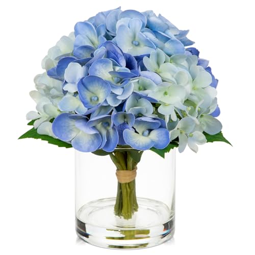 Hollyone Blue Hydrangea Artificial Flowers in Vase Latex Real Touch Small Faux Hydrangea Flowers Arrangements Hydrangeas Fake Flower with Glass Vase with Faux Water for Table Centerpiece Home Decor - color: Small - Blue