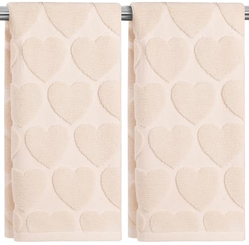 2 Pack Valentines Hand Towels Beige Heart Bathroom Decorative Towels Set for Drying, Cleaning, Cooking, Holiday 13.7'' x 29.5'' - color: Beige Clasic Heart