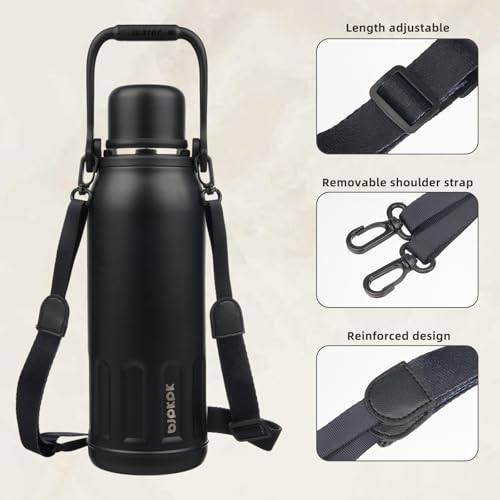 BJPKPK Stainless Steel Insulated Bottle with Handle & Strap, 50oz | Leak-proof vacuum insulation keeps drinks cold/hot for hours. BPA-free, dishwasher safe. Includes handle & strap. Black. - color: Black, size: 50 Ounces