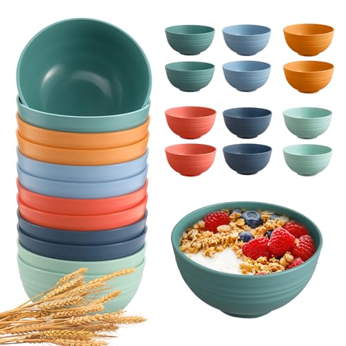 HEYCOME 12 Pcs Unbreakable Cereal Bowls Set, 26 Oz Wheat Straw Bowls Set, Microwave & Dishwasher Safe Rice Bowls for Kitchen, Reusable Plastic Bowls for Soup, Salad and Snack, BPA Free, Multicolor - color: 6-Dark multicolor