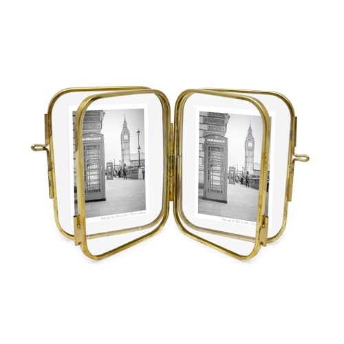 Isaac Jacobs 2x3 Gold Double-Sided Metal Floating Photo Frame w/ClaspLock | Double-Sided Round-Edged Brass & Glass Metal Floating Picture Frame Locket Closure (Vertical), Tabletop (2x3, Antique Gold) - color: Antique Gold, size: 2x3