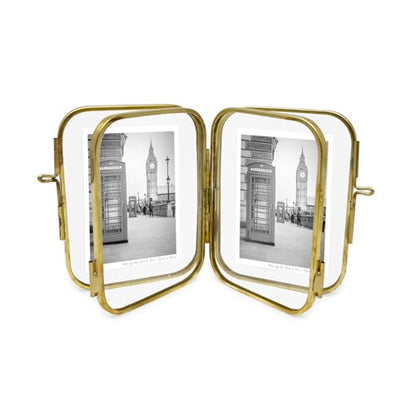 Isaac Jacobs 2x3 Gold Double-Sided Metal Floating Photo Frame w/ClaspLock | Double-Sided Round-Edged Brass & Glass Metal Floating Picture Frame Locket Closure (Vertical), Tabletop (2x3, Antique Gold) - color: Antique Gold, size: 2x3