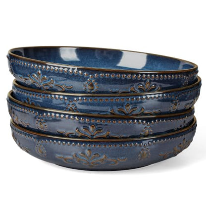 Pasta Bowls, 50oz Large Salad Serving Bowls, 9.75'' Plates Bowl Set of 4, Big Ceramic Soup Bowl for Kitchen, Embossment Shallow Dinner Bowl, Microwave Dishwasher Safe, Damask Floral, Blue - color: Blue (Damask Floral)