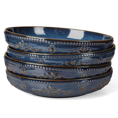 Pasta Bowls, 50oz Large Salad Serving Bowls, 9.75'' Plates Bowl Set of 4, Big Ceramic Soup Bowl for Kitchen, Embossment Shallow Dinner Bowl, Microwave Dishwasher Safe, Damask Floral, Blue - color: Blue (Damask Floral)