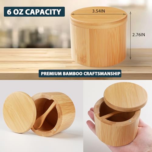 Bamboo Salt Cellar, 2 PCS Salt Container with Built-in Spoon, Salt Box Bowl with Magnetic Swivel Lid, Elegant Kitchen Salt Holder Saver Jar to Storage Pepper Spice Sea Salt for Countertop - color: 2 PCS Bamboo Salt Cellar