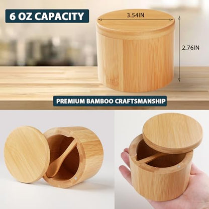Bamboo Salt Cellar, 2 PCS Salt Container with Built-in Spoon, Salt Box Bowl with Magnetic Swivel Lid, Elegant Kitchen Salt Holder Saver Jar to Storage Pepper Spice Sea Salt for Countertop - color: 2 PCS Bamboo Salt Cellar