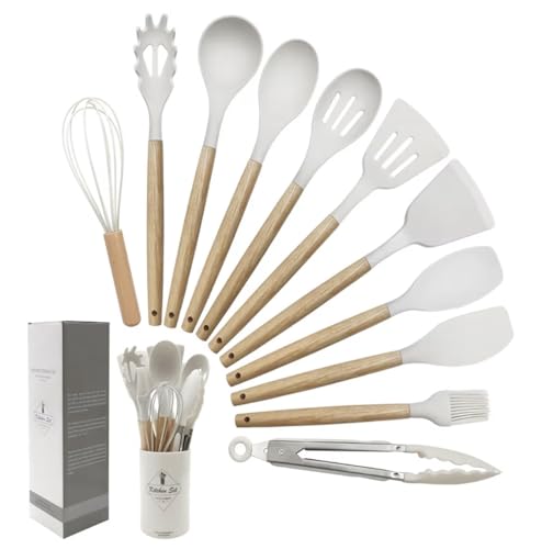 Silicone Cooking Utensils Kitchen Utensil Set - 446°F Heat Resistant Silicone Kitchen Utensils Set, Spatula,Turner Tongs, Spoon, Brush, Whisk,Kitchen Gadgets for Nonstick Cookware, BPA Free (White) - color: White