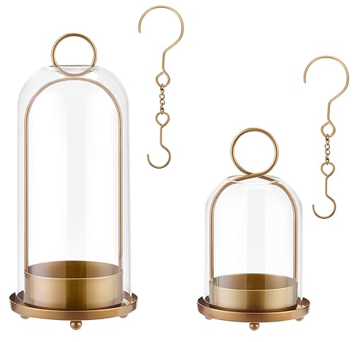 Hurricane Metal & Glass Candle Holder Gold Set of 2, Decorative Candlestick Pillar Candle Holder with Clear Glass for Wedding Party Christmas Holiday Dining Table Centerpiece Lanter - color: Gold