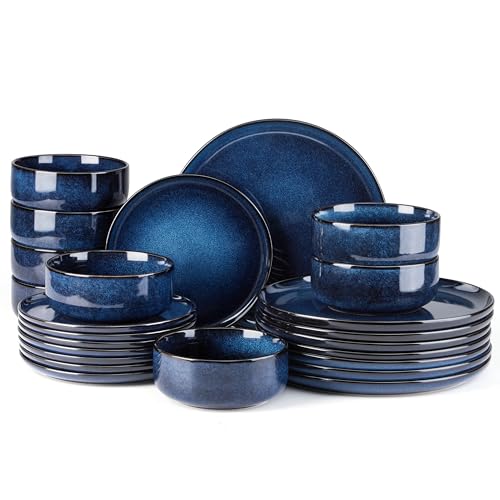 E-far Dinnerware Sets for 8, 24-Piece Stoneware Plates and Bowls Set, Ceramic Dishes Reactive Glaze Dinning Ware, Microwave & Dishwasher Safe - Deep Sea Blue - color: Deep Sea Blue, size: Service for 8