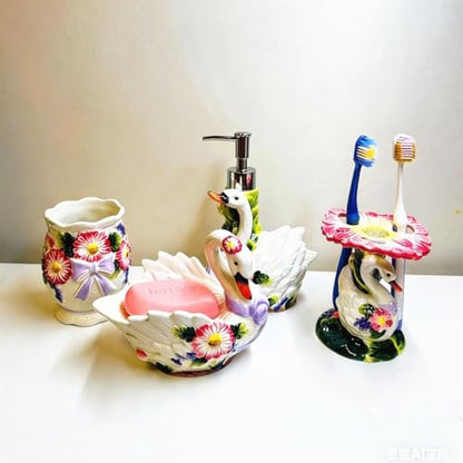 Ceramic Swans and Flowers Bathroom Accessories Set, 4 Piece Bathroom Ensemble Set with Toothbrush Holder, Toothbrush Cup, Soap Dispenser, Soap Dish