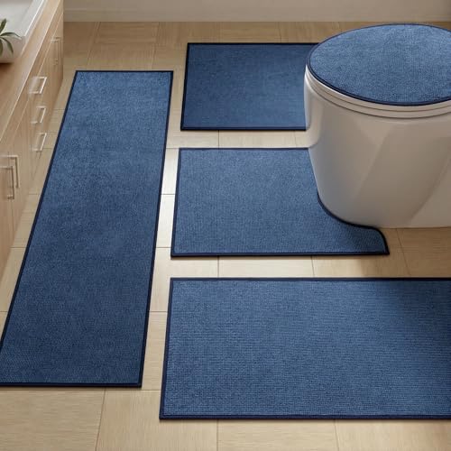 Bathroom Rugs Mats Sets 5 Pieces, Ultra Thin Bath Mat Absorbent Non Slip Bath Rugs for Bathroom Washable, Shower, Sink, Laundry (Dark Blue, 5 Pieces) - color: Dark Blue, size: 5 Pieces