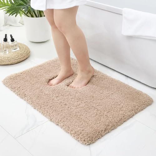 Bathroom Rugs Non Slip Washable, Ultra Thick Soft Microfiber Absorbent Bath Mats, High Density Foam Latex Non Slip Backing Bath Rugs, Fluffy Floor Carpet for Tub&Shower 24x17, Beige - color: Beige, size: 24" X 17"(Small Bathroom Rug)