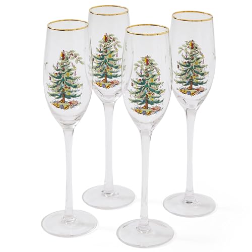 Spode Christmas Tree Gold 8.5oz Champagne Flutes (Set of 4) - Gold Rimmed Glasses, Festive Holiday Drinkware for Christmas Dinner, Wedding Gifts - Classic Holiday Glassware for Wine & Minosas - style: Champagne Flutes