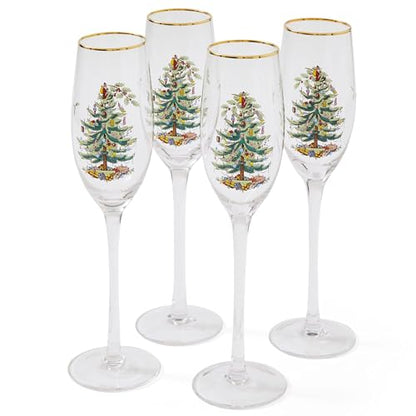 Spode Christmas Tree Gold 8.5oz Champagne Flutes (Set of 4) - Gold Rimmed Glasses, Festive Holiday Drinkware for Christmas Dinner, Wedding Gifts - Classic Holiday Glassware for Wine & Minosas - style: Champagne Flutes