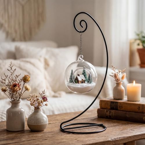 12 Pcs Ornament Display Stand 11 Inch Black Metal Stand for Hanging Glass Globe Terrariums, Witch Ball Festivals Wedding Ornament and Home Office Party Decor(Round) - style: Round
