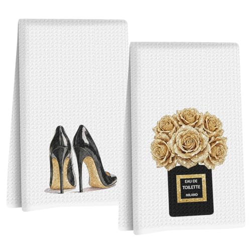 2 Pcs Gold and Black Towels for Bathroom Kitchen Decor 24x14 Inch | Funky Modern Perfume and High Heels Decorative Hand Towels for Girls Bathrooms Dorm, Trendy Girly Bathroom Decor - color: Multi 1721