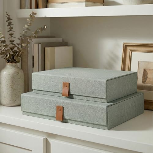 ZICOTO Decorative Photo Storage Boxes with Lids - Set of 2 Linen Organizers | Beautiful Boxes Safely Store Your Pictures, Documents, Scrapbooking Supplies, Keepsakes and Other Memories in Style - color: Sage