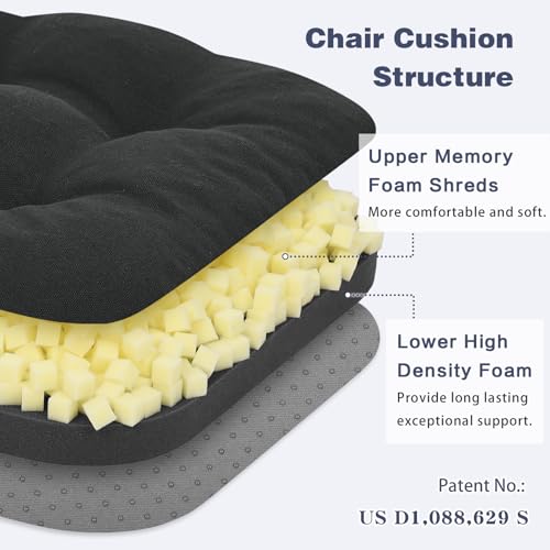 baibu Set of 4 Dining Chair Cushions, Dual-Layer Patent Design Memory Foam Kitchen Chair Cushions, Non-Slip Seat Pads with Ties, 16.5 x 16.5 x 3.5in, 4 Pack, Pure Black - color: Black, size: 4 Count (Pack of 1)