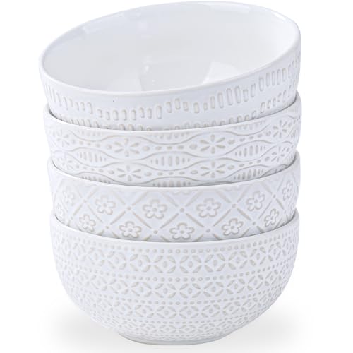 40 OZ Large Cereal Bowls Set of 4, Farmhouse Embossment Ceramic Salad Bowls for Soup, Serving, Fruit, Snack, Noodle, Ramen, Pho, Microwave & Dishwasher Safe, 6.7 Inch White - size: 6.7 INCH