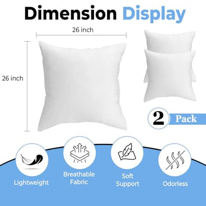 QUBA LINEN Throw Pillow Inserts (Set of 2, White), 26x26 Inches - Premium Cushion Fillers for Sofa, Bed, and Home Décor (26x26 Inch (Pack of 2)) - size: 26x26 Inch (Pack of 2)