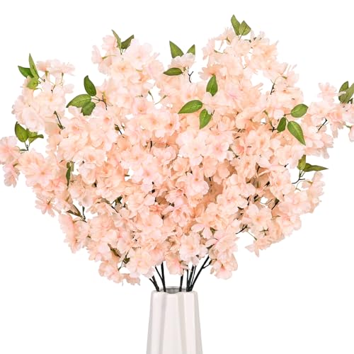 3 Pcs Artificial Cherry Blossom Branches 40'' Cherry Blossom Tree Decor | Long Stems Champagne Faux Cherry Stems Real Touch Silk Flowers Vase Arrangements for Wedding Home Decor - color: Champagne, size: Pack of 3