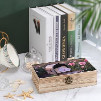 Letters in Rose Garden Wooden Keepsake Box Wood Memory Box with A Hinged Lid Wooden Storage Boxes Wood Gift Boxes for Picture Letter Time Capsule Keep Memories 8 * 3.7 * 2.3in