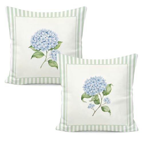 Blue Hydrangea Floral Pillow Covers 18x18, Blue Hydrangea Decor, Cottagecore Blue and White Striped Botanical Flower Decorative Pillow Covers for Home Bedroom Living Room, Set of 2 - color: White-blue Hydrangea Floral