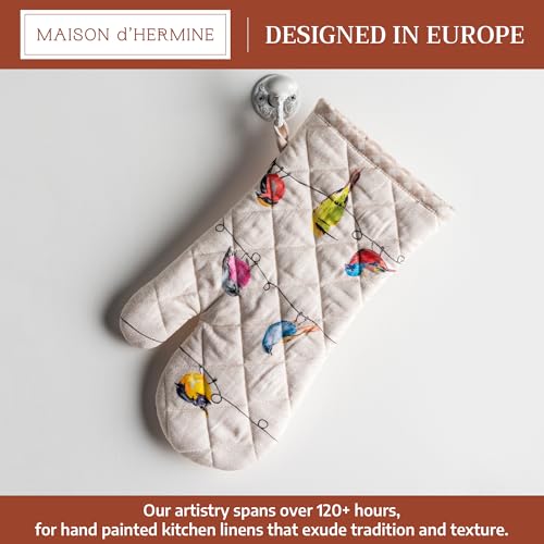 Maison d'Hermine Oven Gloves 100% Cotton Oven Mitt 7" x 13" with Loop Heat Resistant, BBQ, Cooking Gloves, Baking, Grilling, Kitchen, Handling Hot Pans Spring/Summer (Pack of 1, Birdies On Wire) | With Loop Heat Resistant BBQ Cooking Gloves Baking Grillin