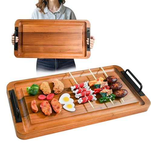Large Wooden Charcuterie Board with Handles Long BBQ Serving Tray Platters | Rectangular Meat Cutting Board with Juice Grooves for Party Appetizers,Home & Outdoor Housewarming Gift 23.6x11.8x1.1”