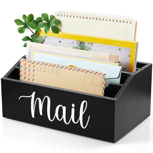 DRASTAR Mail Organizer Countertop, Mail Holder with 4 Slots, Wood Mail Sorter, Bill Organizer for Desk, Mail Storage Organizer for Home Office - color: Black, size: 4 Slots
