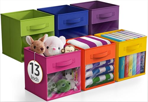 Sorbus 13 Inch Storage Bins with Clear Window - 6 Foldable Baskets for Organizing Clothes, Toys, Books - Sturdy Collapsible Fabric Storage Cubes with Handle - Storage Baskets for Shelves, Closets - color: Bright Rainbow with Window, size: 13 Inch